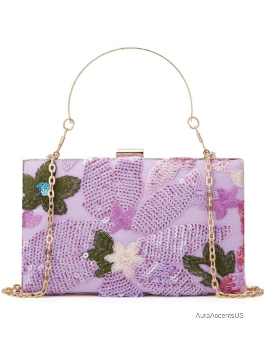 Sequin Floral Embroidery Evening Clutch with Detachable Gold Chain Crossbody